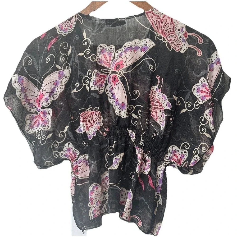 Y2K Mary Kate and Ashley Blouse Sheer Butterfly‎ Juniors Small (6/6x) Sequins